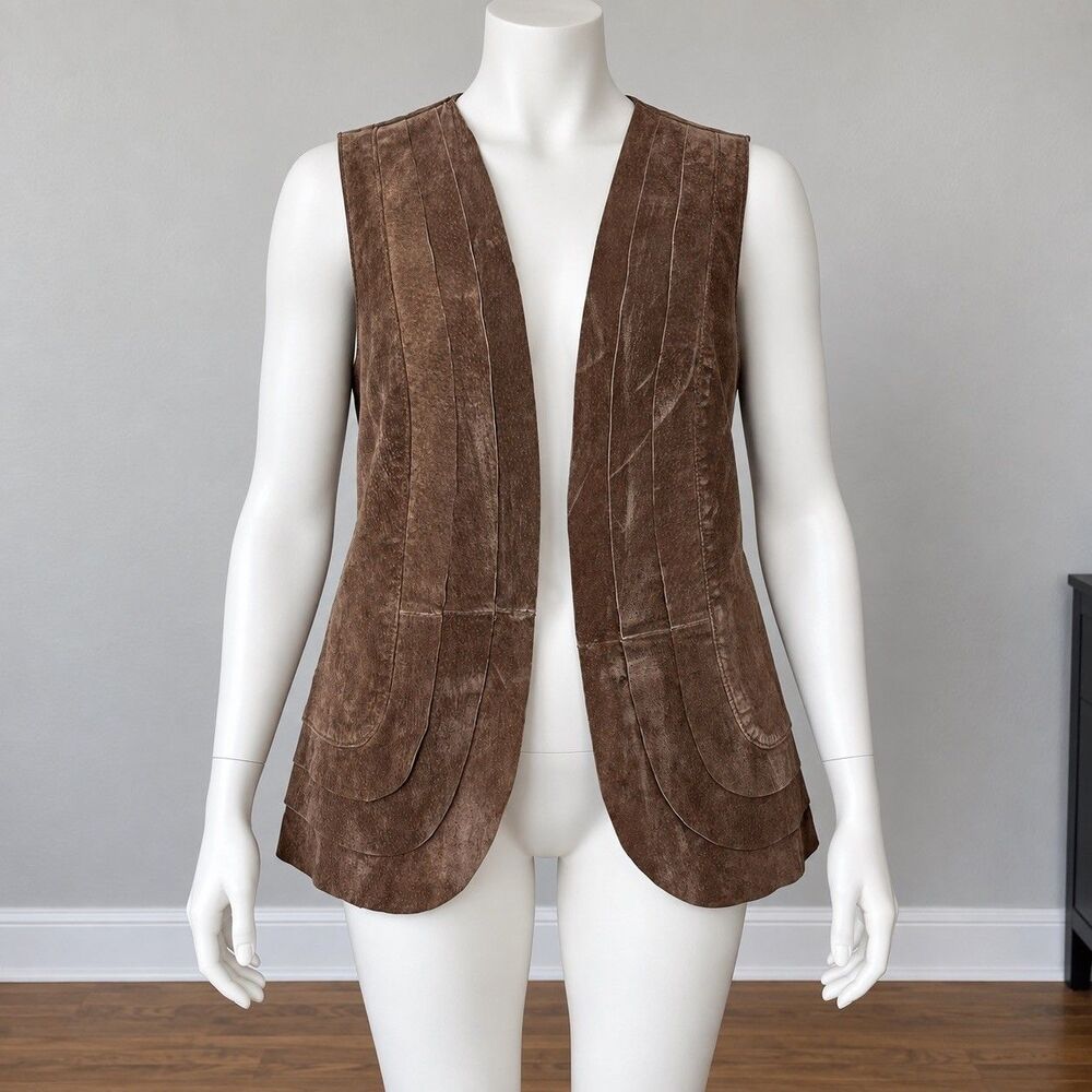 Chicos Genuine Leather Suede Vest Womens Size M / 1 Brown Boho Western Lagenlook